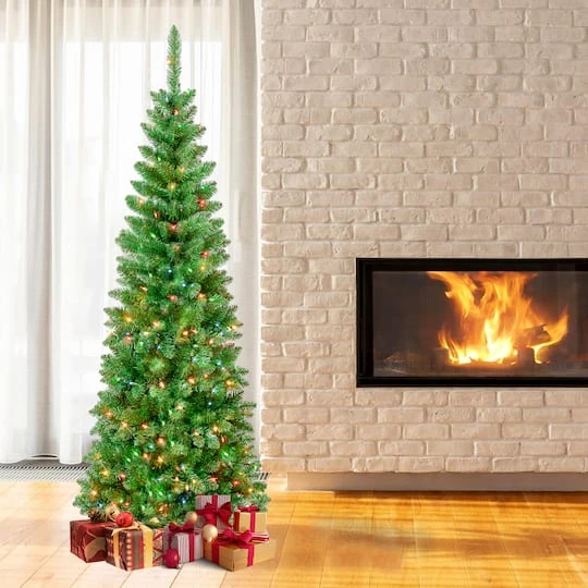 7.5ft. Pre-Lit Rowan Pencil Slim Artificial Christmas Tree, Multicolor Lights 5 7.5ft. Pre-Lit Rowan Pencil Slim Artificial Christmas Tree, Multicolor Lights - Image 3