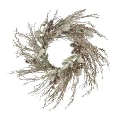 24" Christmas Alpine Trimmed Snow Lump Wreath, 150 Pure White LED Rice Lights