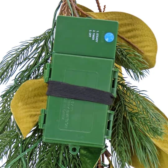 9" Christmas Magnolia Mix Pine Garland With Fabric Bow, Warm White LED Lights 8 9" Christmas Magnolia Mix Pine Garland With Fabric Bow, Warm White LED Lights - Image 6