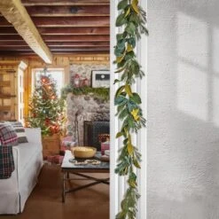 9" Christmas Magnolia Mix Pine Garland With Fabric Bow, Warm White LED Lights 11 9" Christmas Magnolia Mix Pine Garland With Fabric Bow, Warm White LED Lights -Northlight Shop D675899S 2