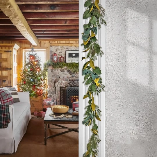 9" Christmas Magnolia Mix Pine Garland With Fabric Bow, Warm White LED Lights 5 9" Christmas Magnolia Mix Pine Garland With Fabric Bow, Warm White LED Lights - Image 3