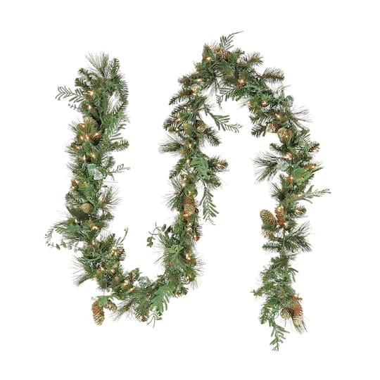 First Traditions™ Collection 9ft. Pre-Lit Artificial North Conway Garland With Glittery Cones & Eucalyptus, 100 Warm White LED Lights 4 First Traditions™ Collection 9ft. Pre-Lit Artificial North Conway Garland With Glittery Cones & Eucalyptus, 100 Warm White LED Lights - Image 2