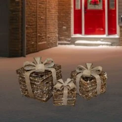 Northlight Lighted Rattan Gift Boxes With Burlap Bows Tabletop Christmas Decorations Set 15 Northlight Lighted Rattan Gift Boxes With Burlap Bows Tabletop Christmas Decorations Set -Northlight Shop D676316S 12