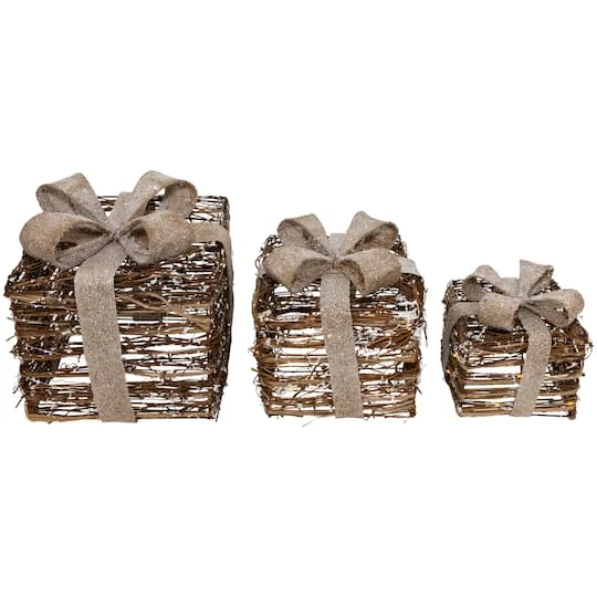 Northlight Lighted Rattan Gift Boxes With Burlap Bows Tabletop Christmas Decorations Set 8 Northlight Lighted Rattan Gift Boxes With Burlap Bows Tabletop Christmas Decorations Set - Image 6