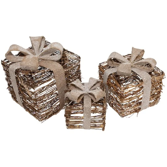 Northlight Lighted Rattan Gift Boxes With Burlap Bows Tabletop Christmas Decorations Set 11 Northlight Lighted Rattan Gift Boxes With Burlap Bows Tabletop Christmas Decorations Set - Image 9