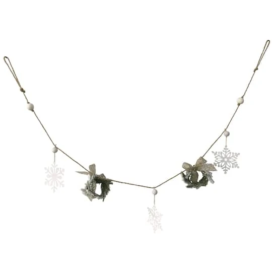 Northlight 4.75ft. Snowflake & Frosted Pine With Wooden Beads Christmas Garland 4 Northlight 4.75ft. Snowflake & Frosted Pine With Wooden Beads Christmas Garland - Image 2