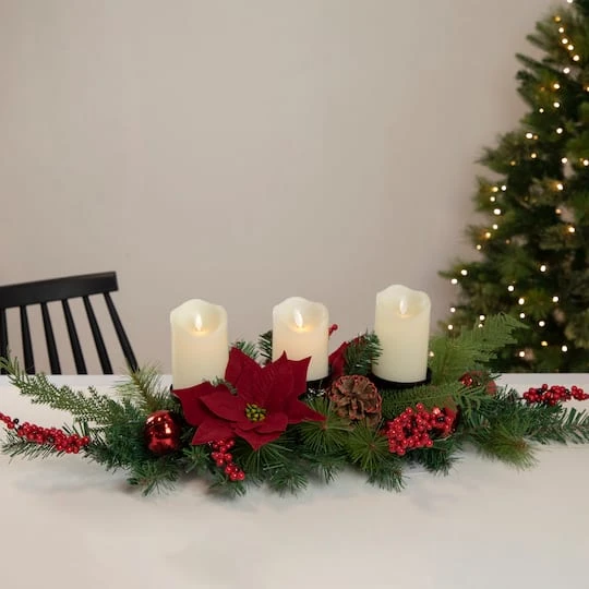 Northlight 32" Artificial Mixed Pine Berries & Poinsettia Christmas Candle Holder Centerpiece 5 Northlight 32" Artificial Mixed Pine Berries & Poinsettia Christmas Candle Holder Centerpiece - Image 3