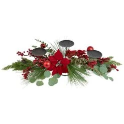 Northlight 32" Triple Candle Holder With Red Berry & Poinsettia Christmas Décor -Northlight Shop D676739S 2