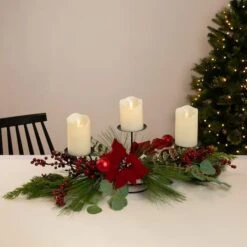 Northlight 32" Triple Candle Holder With Red Berry & Poinsettia Christmas Décor -Northlight Shop D676739S 3