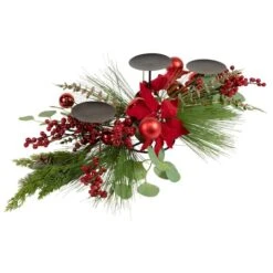 Northlight 32" Triple Candle Holder With Red Berry & Poinsettia Christmas Décor -Northlight Shop D676739S 4