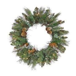 First Traditions™ 24'' Pre-Lit Artificial North Conway Wreath With Glittery Cones And Eucalyptus
