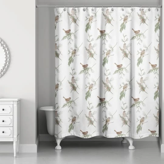 Pine & Birds On White Shower Curtain 4 Pine & Birds On White Shower Curtain - Image 2