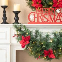 Glitzhome® 3ft. Pre-Lit Pine, Poinsettia & Berries Christmas Swag -Northlight Shop D726235S 4