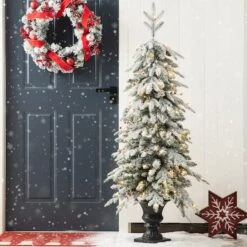2 Pack 5ft. Pre-Lit Flocked Fir Artificial Christmas Porch Tree In Planter, Warm White Lights -Northlight Shop D726259S 3