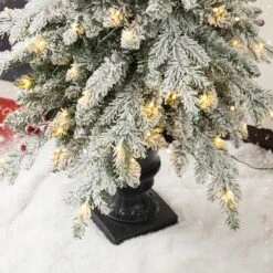 2 Pack 5ft. Pre-Lit Flocked Fir Artificial Christmas Porch Tree In Planter, Warm White Lights -Northlight Shop D726259S 6