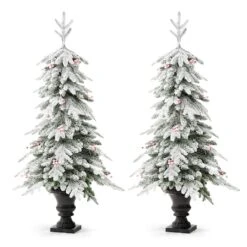 2 Pack 5ft. Pre-Lit Flocked Fir Artificial Christmas Porch Tree In Planter, Warm White Lights -Northlight Shop D726259S 7