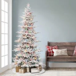 7.5ft. Pre-Lit Slim Flocked Artificial Utah Fir Tree, Multicolor Lights 13 7.5ft. Pre-Lit Slim Flocked Artificial Utah Fir Tree, Multicolor Lights -Northlight Shop D734292S 3