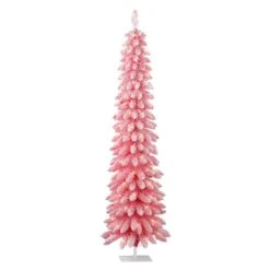6ft. Pre-Lit Flocked Pink Artificial Alpine Pencil Christmas Tree, Clear Lights 11 6ft. Pre-Lit Flocked Pink Artificial Alpine Pencil Christmas Tree, Clear Lights -Northlight Shop D734301S 1 1