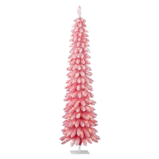 6ft. Pre-Lit Flocked Pink Artificial Alpine Pencil Christmas Tree, Clear Lights 4 6ft. Pre-Lit Flocked Pink Artificial Alpine Pencil Christmas Tree, Clear Lights - Image 2