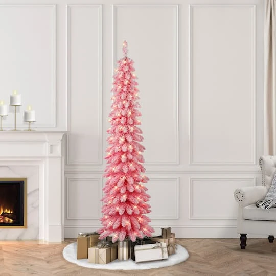 6ft. Pre-Lit Flocked Pink Artificial Alpine Pencil Christmas Tree, Clear Lights 5 6ft. Pre-Lit Flocked Pink Artificial Alpine Pencil Christmas Tree, Clear Lights - Image 3