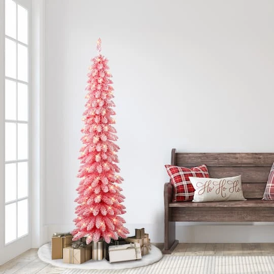 6ft. Pre-Lit Flocked Pink Artificial Alpine Pencil Christmas Tree, Clear Lights 6 6ft. Pre-Lit Flocked Pink Artificial Alpine Pencil Christmas Tree, Clear Lights - Image 4