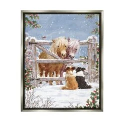Stupell Industries Ponies & Dogs Winter Farm Scene Framed Floater Canvas Wall Art Gray