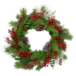 Northlight 24" Christmas Artificial Holly Berry & Snowy Pinecone Wreath
