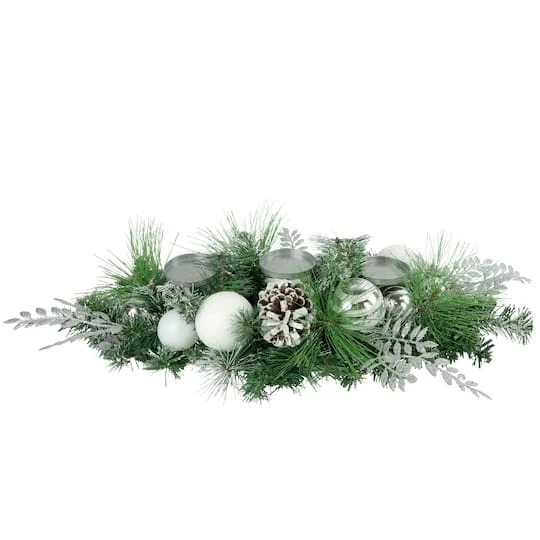 Northlight 30" Green Pine & Needle Triple Candle Holder With Pinecones & Christmas Ornaments 3 Northlight 30" Green Pine & Needle Triple Candle Holder With Pinecones & Christmas Ornaments