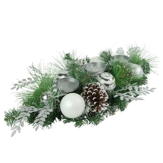 Northlight 30" Green Pine & Needle Triple Candle Holder With Pinecones & Christmas Ornaments 7 Northlight 30" Green Pine & Needle Triple Candle Holder With Pinecones & Christmas Ornaments - Image 5