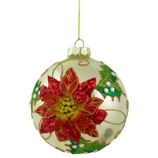 Northlight 4" Red Glittered 2-D Poinsettia Glass Ball Ornament 4 Northlight 4" Red Glittered 2-D Poinsettia Glass Ball Ornament - Image 2