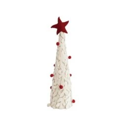 Hello Honey® 16" Red & Cream Handmade Wool Felt Applique Tree With Star & Pom Poms 7 Hello Honey® 16" Red & Cream Handmade Wool Felt Applique Tree With Star & Pom Poms -Northlight Shop D758852S 1 1
