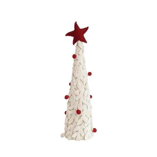 Hello Honey® 16" Red & Cream Handmade Wool Felt Applique Tree With Star & Pom Poms 4 Hello Honey® 16" Red & Cream Handmade Wool Felt Applique Tree With Star & Pom Poms - Image 2