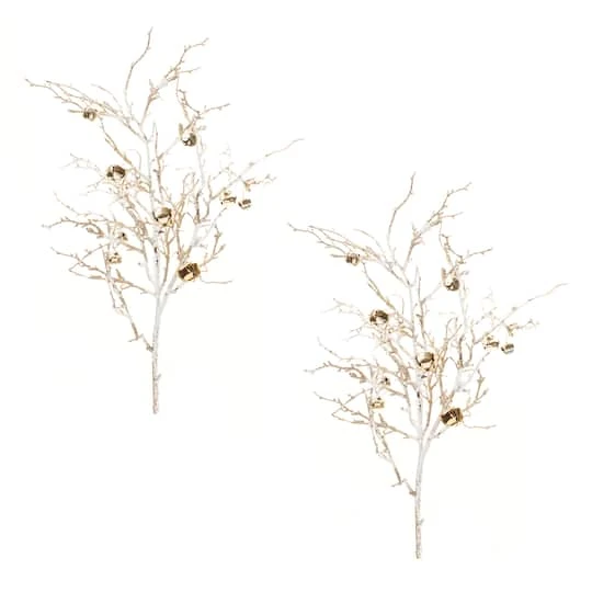 Melrose Flocked Sleigh Bell Twig Branches, 2ct. 3 Melrose Flocked Sleigh Bell Twig Branches, 2ct.