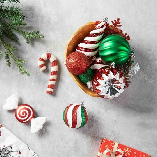 Glitzhome® Whimsical Red & Green Shatterproof Ornaments, Candy Picks & Ribbon Bow Set 5 Glitzhome® Whimsical Red & Green Shatterproof Ornaments, Candy Picks & Ribbon Bow Set - Image 3