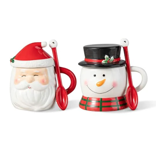 Glitzhome® Christmas Ceramic Santa & Snowman Mug With Lid & Spoon Set 4 Glitzhome® Christmas Ceramic Santa & Snowman Mug With Lid & Spoon Set - Image 2