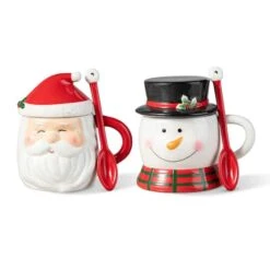 Glitzhome® Christmas Ceramic Santa & Snowman Mug With Lid & Spoon Set