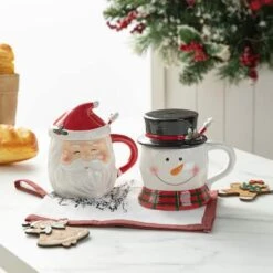 Glitzhome® Christmas Ceramic Santa & Snowman Mug With Lid & Spoon Set 13 Glitzhome® Christmas Ceramic Santa & Snowman Mug With Lid & Spoon Set -Northlight Shop D801145S 2