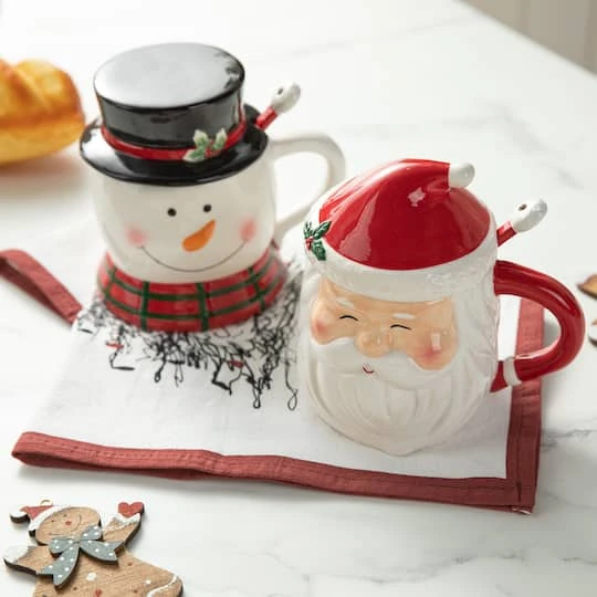Glitzhome® Christmas Ceramic Santa & Snowman Mug With Lid & Spoon Set 6 Glitzhome® Christmas Ceramic Santa & Snowman Mug With Lid & Spoon Set - Image 4