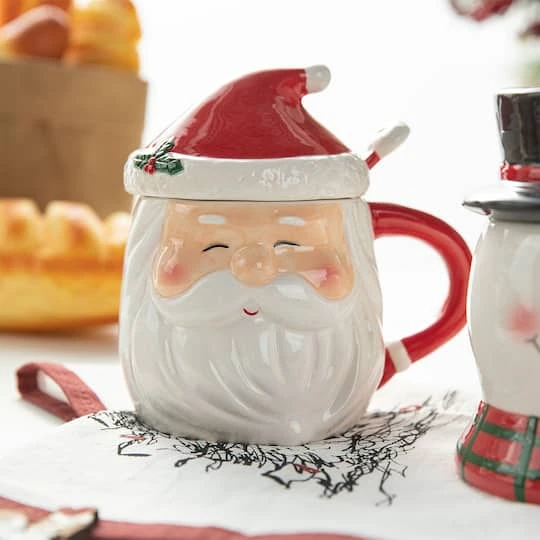 Glitzhome® Christmas Ceramic Santa & Snowman Mug With Lid & Spoon Set 7 Glitzhome® Christmas Ceramic Santa & Snowman Mug With Lid & Spoon Set - Image 5