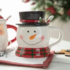 Glitzhome® Christmas Ceramic Santa & Snowman Mug With Lid & Spoon Set 16 Glitzhome® Christmas Ceramic Santa & Snowman Mug With Lid & Spoon Set -Northlight Shop D801145S 5