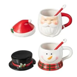 Glitzhome® Christmas Ceramic Santa & Snowman Mug With Lid & Spoon Set 17 Glitzhome® Christmas Ceramic Santa & Snowman Mug With Lid & Spoon Set -Northlight Shop D801145S 6