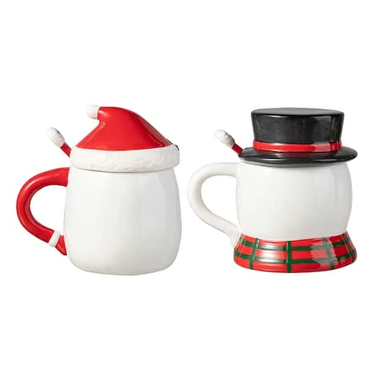 Glitzhome® Christmas Ceramic Santa & Snowman Mug With Lid & Spoon Set 10 Glitzhome® Christmas Ceramic Santa & Snowman Mug With Lid & Spoon Set - Image 8