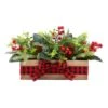 17" Christmas Classic Cypress, Pinecone & Berry Centerpiece In Wood Planter With Red Buffalo Check Bow -Northlight Shop D806619S 1
