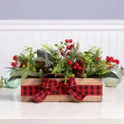 17" Christmas Classic Cypress, Pinecone & Berry Centerpiece In Wood Planter With Red Buffalo Check Bow -Northlight Shop D806619S 2