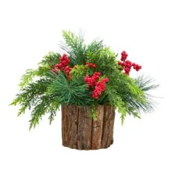 11" Christmas Classic Cypress & Berry Centerpiece In Wood Slice Planter