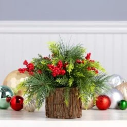 11" Christmas Classic Cypress & Berry Centerpiece In Wood Slice Planter -Northlight Shop D806620S 2
