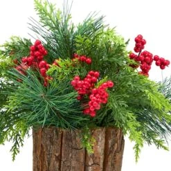11" Christmas Classic Cypress & Berry Centerpiece In Wood Slice Planter -Northlight Shop D806620S 3