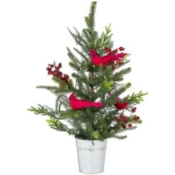 Northlight 2ft. Pre-Lit Potted Mixed Pine, Berry & Cardinals Christmas Tree, Warm White LED Lights
