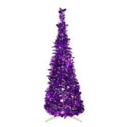 Northlight 4ft. Pre-Lit Purple Tinsel Pop-Up Artificial Christmas Tree, Clear Lights