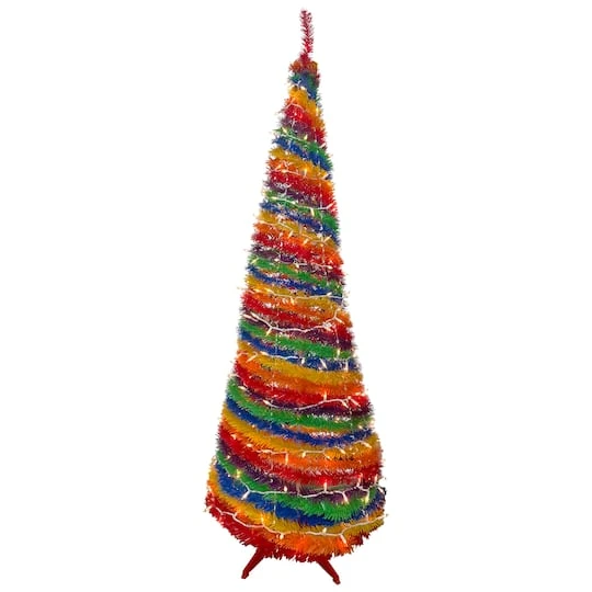 Northlight 6ft. Pre-Lit Rainbow Tinsel Pop-Up Artificial Christmas Tree, Clear Lights 3 Northlight 6ft. Pre-Lit Rainbow Tinsel Pop-Up Artificial Christmas Tree, Clear Lights